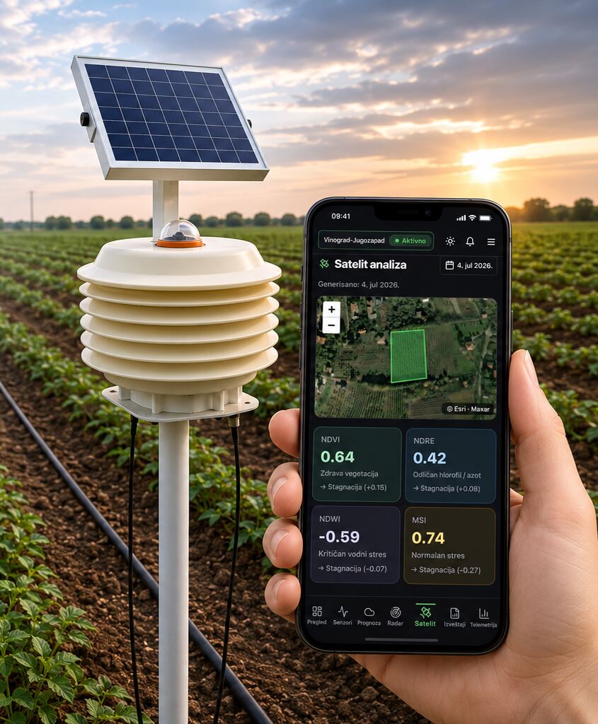 SensorNod BIFORA cu alimentare solară pe câmp și aplicația mobilă cu analiză satelitară a parcelei